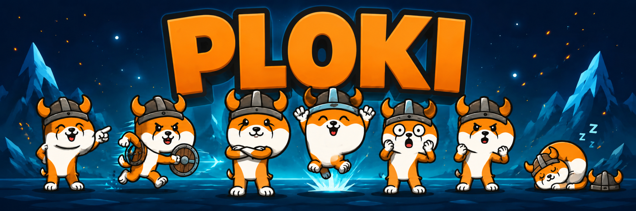 Seven PLOKI Viking dogs in different moods and actions